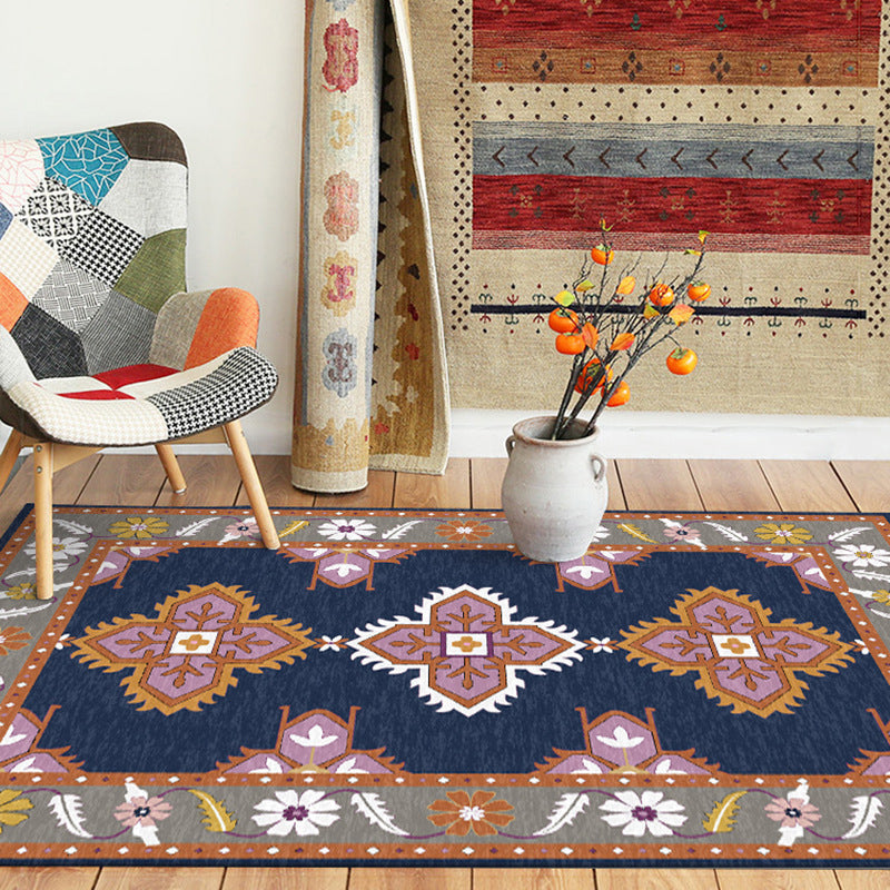 Skorter | Eastern Moroccan rug in blue and gray medallion flower petal pattern rug polyester non-slip rug for home decor