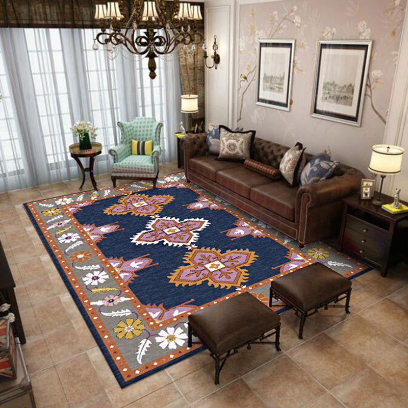 Skorter | Eastern Moroccan rug in blue and gray medallion flower petal pattern rug polyester non-slip rug for home decor