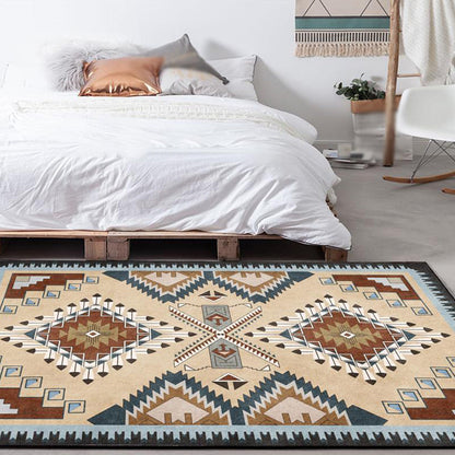 Skorter | Beige Vintage Carpet Polyester Tribal Pattern Carpet Washable Non-Slip Background Carpet for Living Room