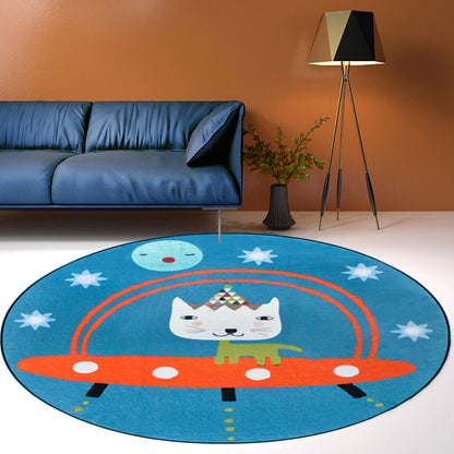 Skorter | Beautiful children's rug in blue animal cat spaceship pattern rug polyester anti-slip mat rug for the children's room