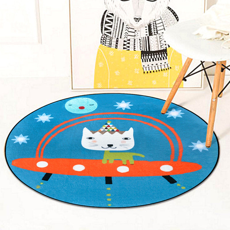 Skorter | Beautiful children's rug in blue animal cat spaceship pattern rug polyester anti-slip mat rug for the children's room