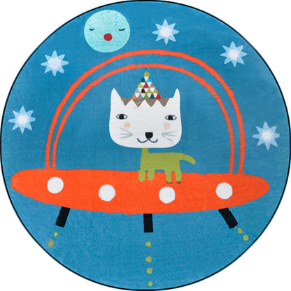 Skorter | Beautiful children's rug in blue animal cat spaceship pattern rug polyester anti-slip mat rug for the children's room