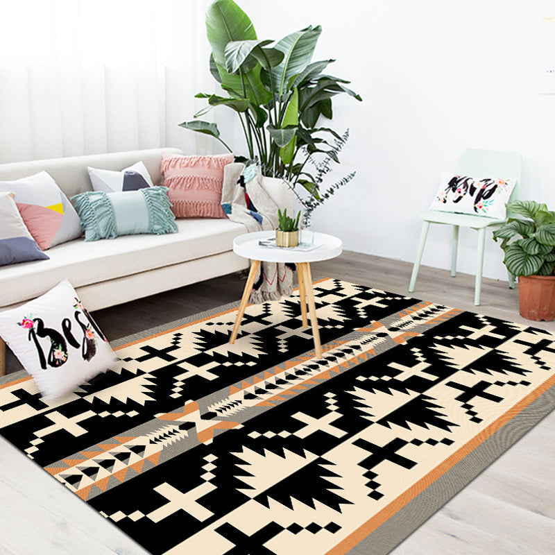 Skorter | Americana Tribal Geometric Pattern Rug Black and Grey Polyester Rug Machine Washable Non-Slip Area Rug for Bedroom