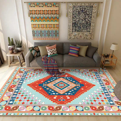 Skorter | Blue and Orange Bedroom Rug Moroccan Medallion Circle Diamond Pattern Rug Polyester Non-Slip Washable Rug