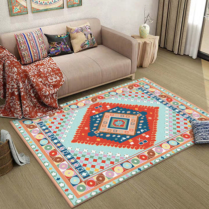 Skorter | Blue and Orange Bedroom Rug Moroccan Medallion Circle Diamond Pattern Rug Polyester Non-Slip Washable Rug