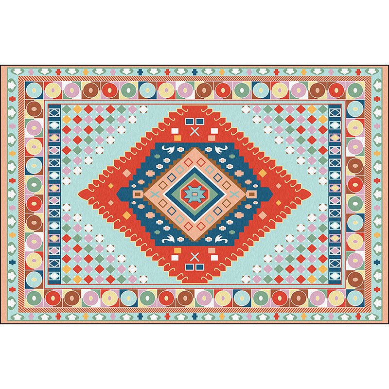 Skorter | Blue and Orange Bedroom Rug Moroccan Medallion Circle Diamond Pattern Rug Polyester Non-Slip Washable Rug