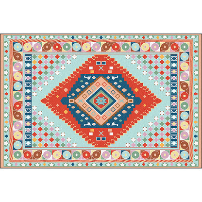 Skorter | Blue and Orange Bedroom Rug Moroccan Medallion Circle Diamond Pattern Rug Polyester Non-Slip Washable Rug