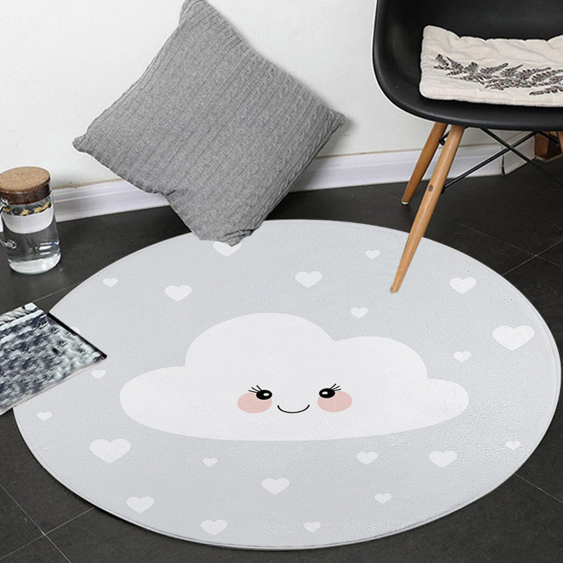 Skorter | Children's Room Rug in Gray Fairy Tale Clouds Heart Print Rug Polyester Stain Resistant Non-Slip Area Rug