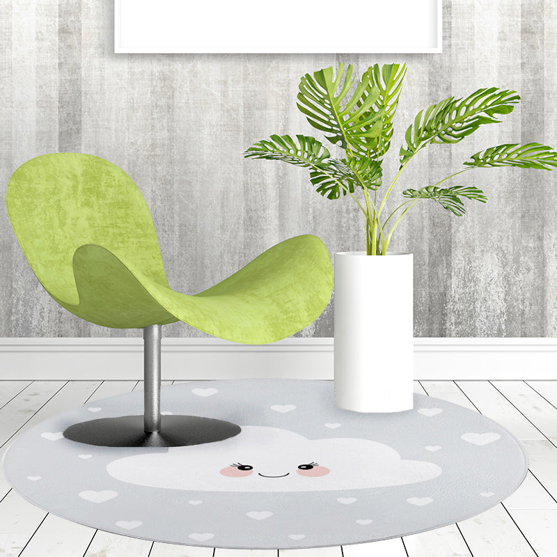 Skorter | Children's Room Rug in Gray Fairy Tale Clouds Heart Print Rug Polyester Stain Resistant Non-Slip Area Rug