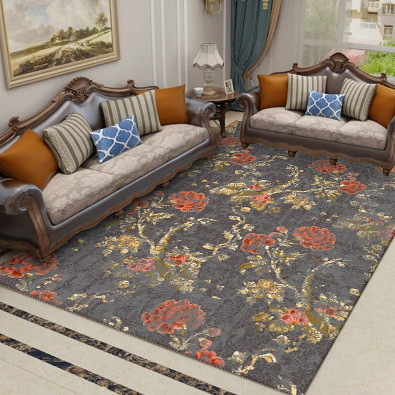 Skorter | Dark Gray Vintage Carpet Polyester Flower and Leaf Pattern Carpet Washable Non-Slip Back Carpet for Living Room