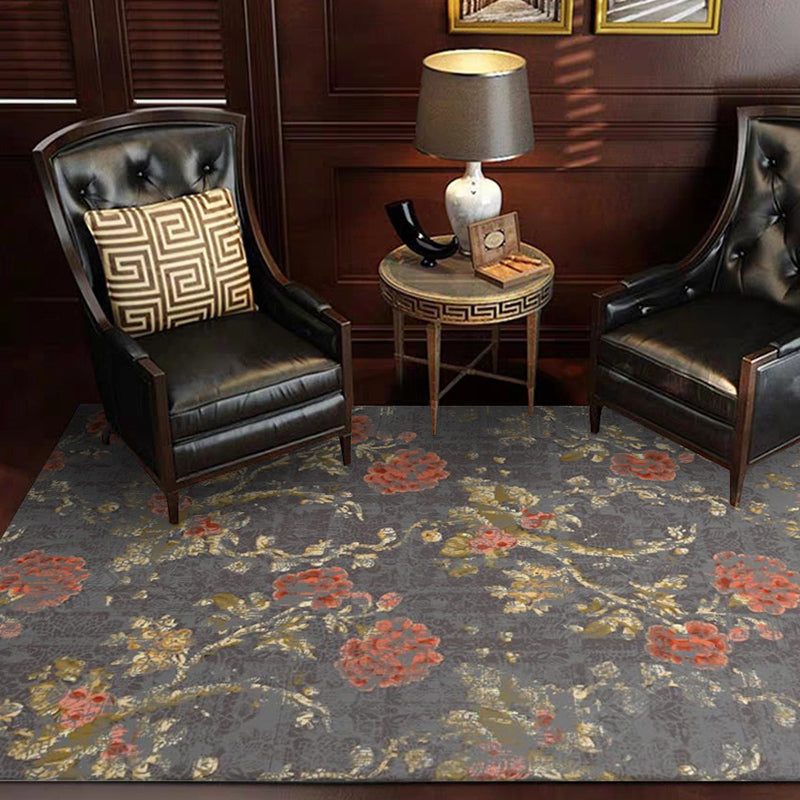 Skorter | Dark Gray Vintage Carpet Polyester Flower and Leaf Pattern Carpet Washable Non-Slip Back Carpet for Living Room