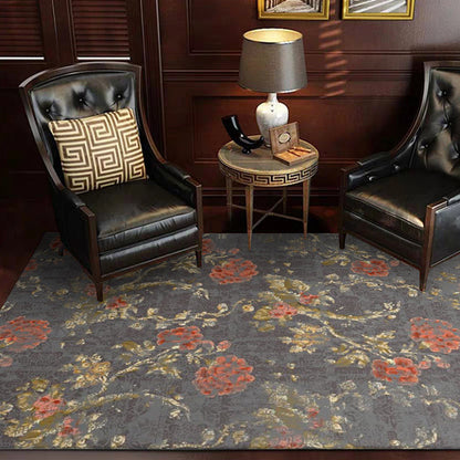 Skorter | Dark Gray Vintage Carpet Polyester Flower and Leaf Pattern Carpet Washable Non-Slip Back Carpet for Living Room
