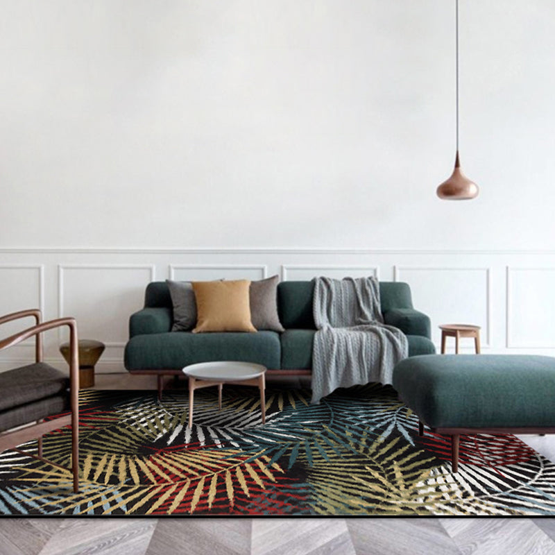 Skorter | Black Bedroom Carpet Vintage Botanical Leaf Pattern Area Rug Polyester Pet-Friendly Washable Rug