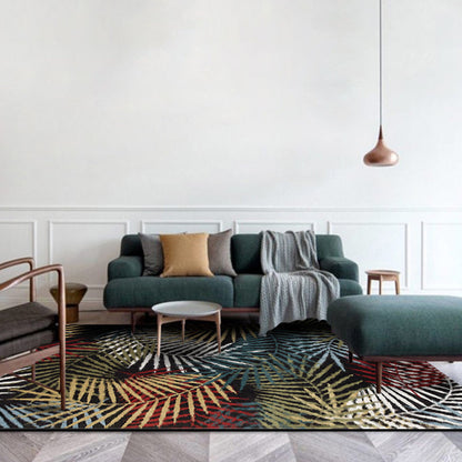 Skorter | Black Bedroom Carpet Vintage Botanical Leaf Pattern Area Rug Polyester Pet-Friendly Washable Rug