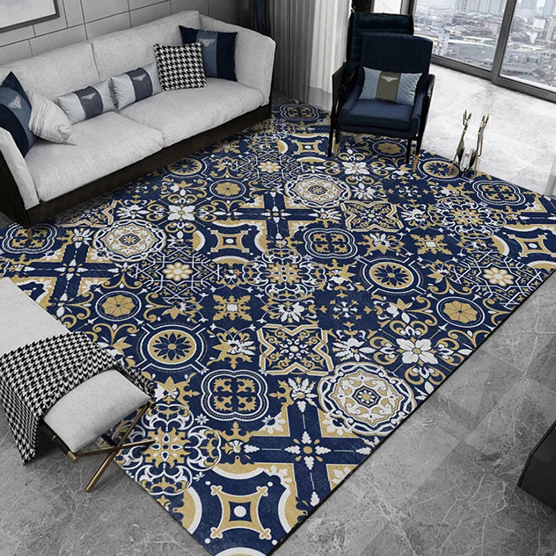 Skorter | Blue Bedroom Rug Moroccan Flower Square Pattern Rug Polyester Non-Slip Back Rug