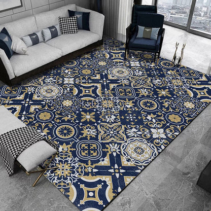 Skorter | Blue Bedroom Rug Moroccan Flower Square Pattern Rug Polyester Non-Slip Back Rug