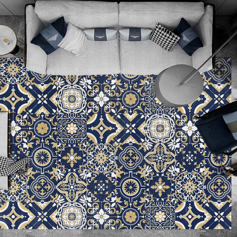 Skorter | Blue Bedroom Rug Moroccan Flower Square Pattern Rug Polyester Non-Slip Back Rug