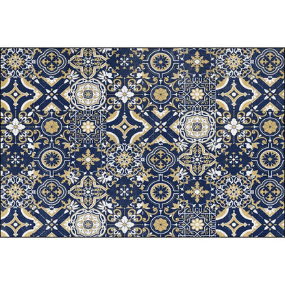 Skorter | Blue Bedroom Rug Moroccan Flower Square Pattern Rug Polyester Non-Slip Back Rug