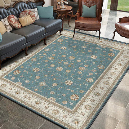 Skorter | Blue and Khaki Classic Rug Polyester Floral Pattern Rug Washable Non-Slip Back Rug for Living Room