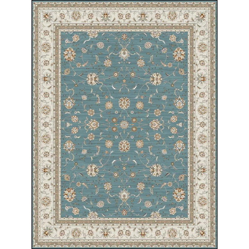 Skorter | Blue and Khaki Classic Rug Polyester Floral Pattern Rug Washable Non-Slip Back Rug for Living Room
