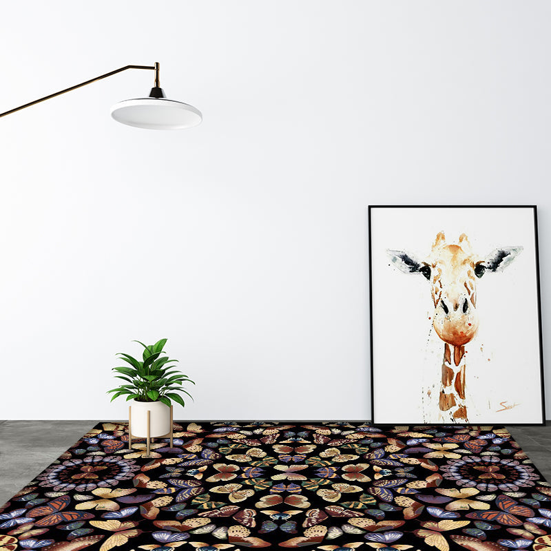 Skorter | Black and White Vintage Carpet Polyester Butterfly Pattern Carpet Washable Non-Slip Back Carpet for Living Room