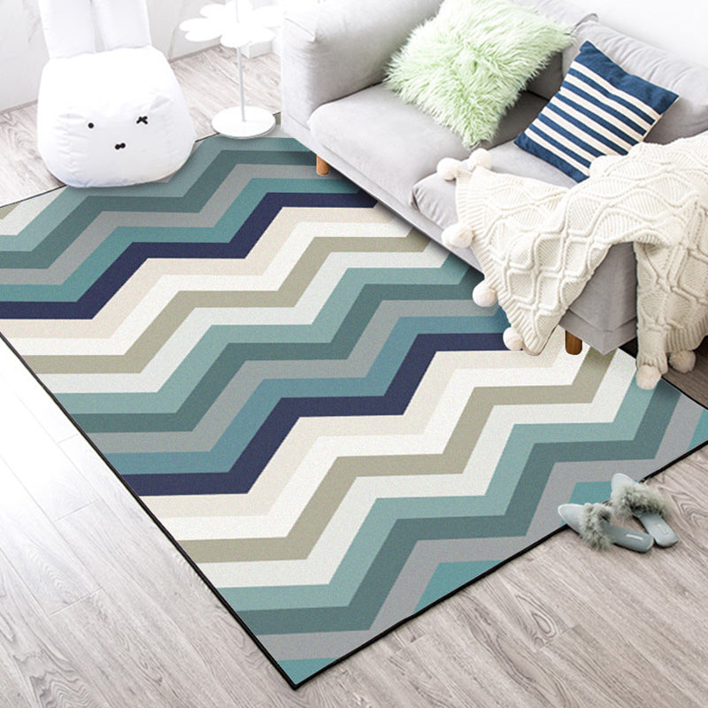 Skorter | Blue Bedroom Carpet New Arrival Geometric Wave Pattern Carpet Polyester Stain Resistant Carpet