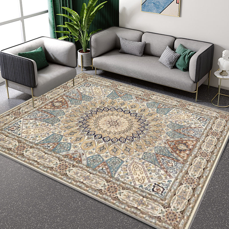 Skorter | Brown Bedroom Rug Moroccan Medallion Pattern Area Rug Polyester Non-Slip Machine Washable Rug