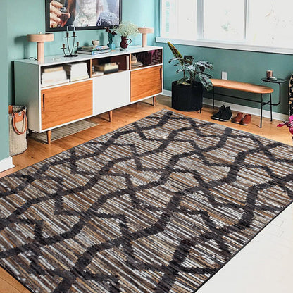 Skorter | Brown Bedroom Carpet Novelty Geometry Stripes Wave Pattern Carpet Polyester Non-Slip Back Carpet