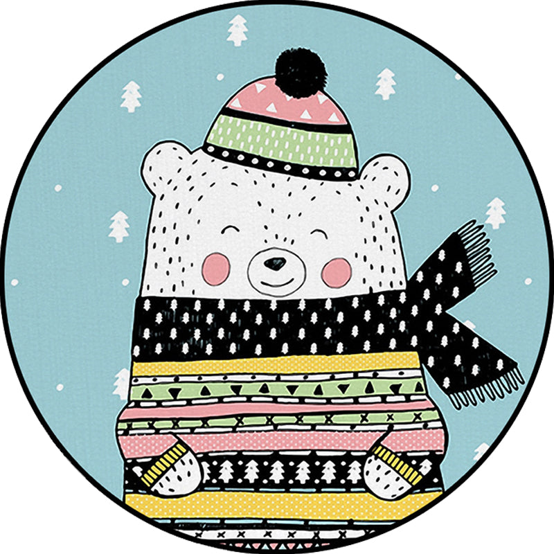 Skorter | Casual Kids Rug in Blue Animals Bear Trees Pattern Rug Polyester Washable Pet Friendly Carpet for Nursery