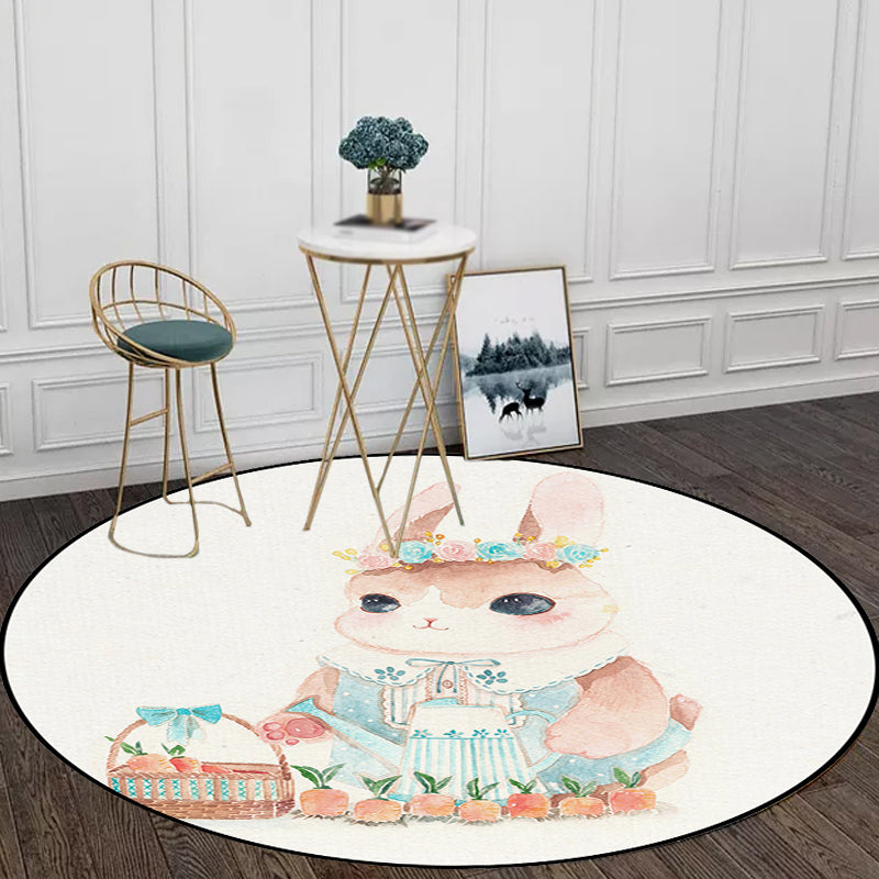 Skorter | Cute Kids Rug in White Animal Owl Rabbit Sloth Pattern Rug Polyester Non-Slip Washable Rug for the Children's Room