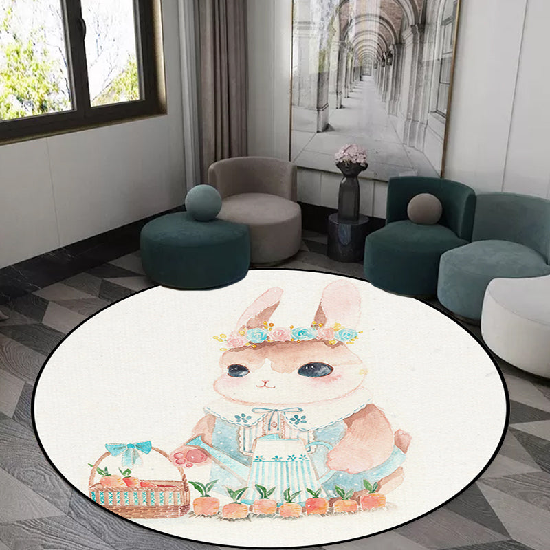 Skorter | Cute Kids Rug in White Animal Owl Rabbit Sloth Pattern Rug Polyester Non-Slip Washable Rug for the Children's Room
