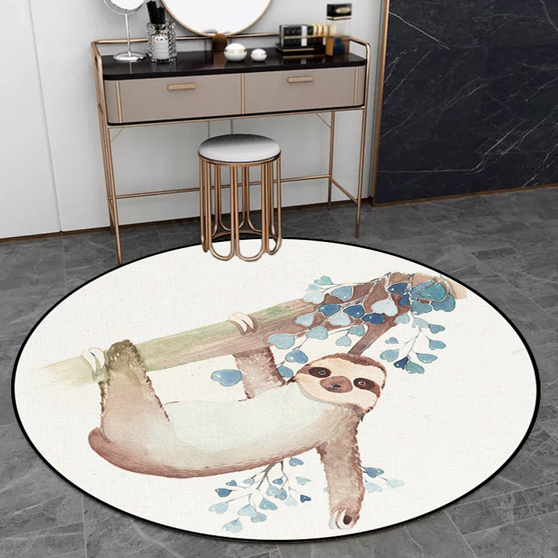 Skorter | Cute Kids Rug in White Animal Owl Rabbit Sloth Pattern Rug Polyester Non-Slip Washable Rug for the Children's Room