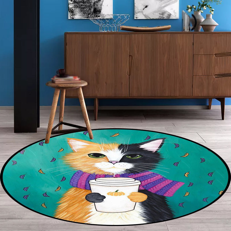 Skorter | Blue and Green Children's Room Rug Children's Animal Dress Cat Leaf Pattern Rug Polyester Washable Rug