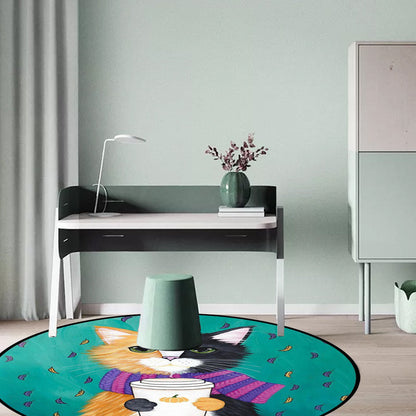 Skorter | Blue and Green Children's Room Rug Children's Animal Dress Cat Leaf Pattern Rug Polyester Washable Rug