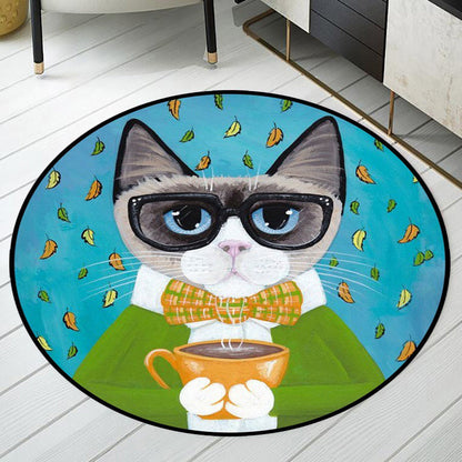 Skorter | Blue and Green Children's Room Rug Children's Animal Dress Cat Leaf Pattern Rug Polyester Washable Rug