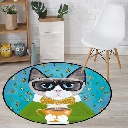 Skorter | Blue and Green Children's Room Rug Children's Animal Dress Cat Leaf Pattern Rug Polyester Washable Rug