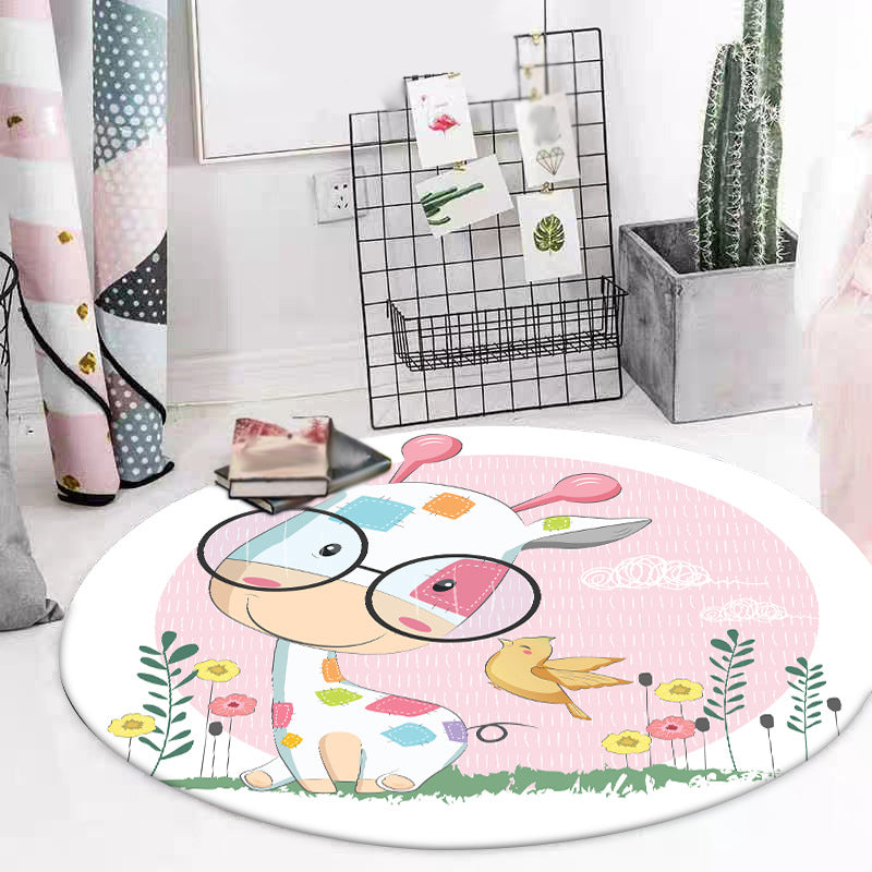 Skorter | Blue and Pink Children's Room Carpet Child Animal Horse Rabbit Pattern Carpet Polyester Non-Slip Back Carpet