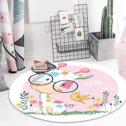 Skorter | Blue and Pink Children's Room Carpet Child Animal Horse Rabbit Pattern Carpet Polyester Non-Slip Back Carpet