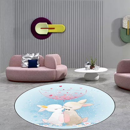 Skorter | Blue and Pink Children's Room Carpet Child Animal Horse Rabbit Pattern Carpet Polyester Non-Slip Back Carpet