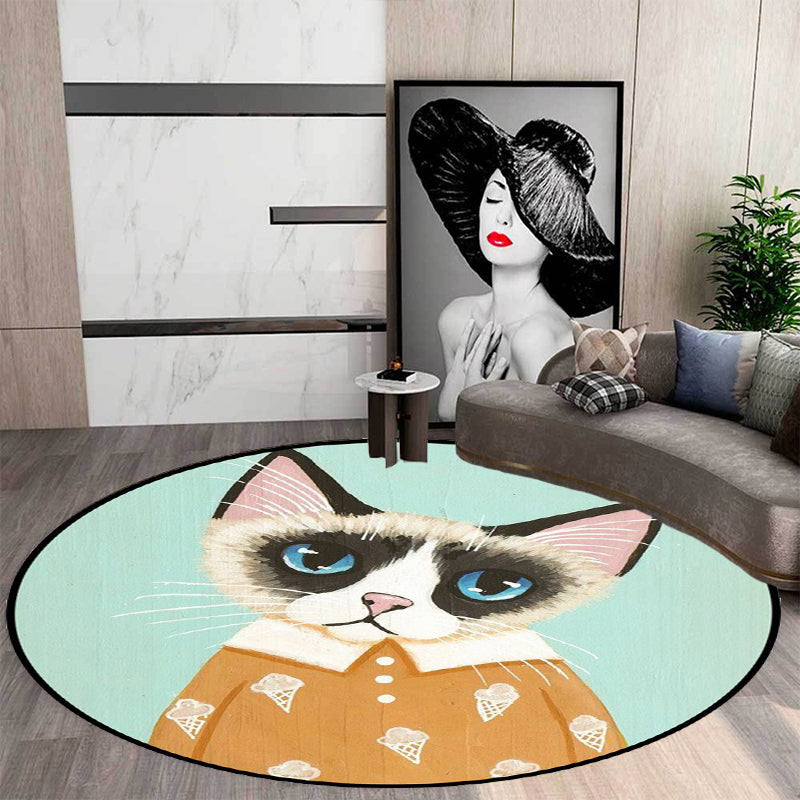 Skorter | Casual Kids Rug in Pink and Blue Animal Cat Pattern Rug Polyester Stain Resistant Non-Slip Rug for the Children's Room