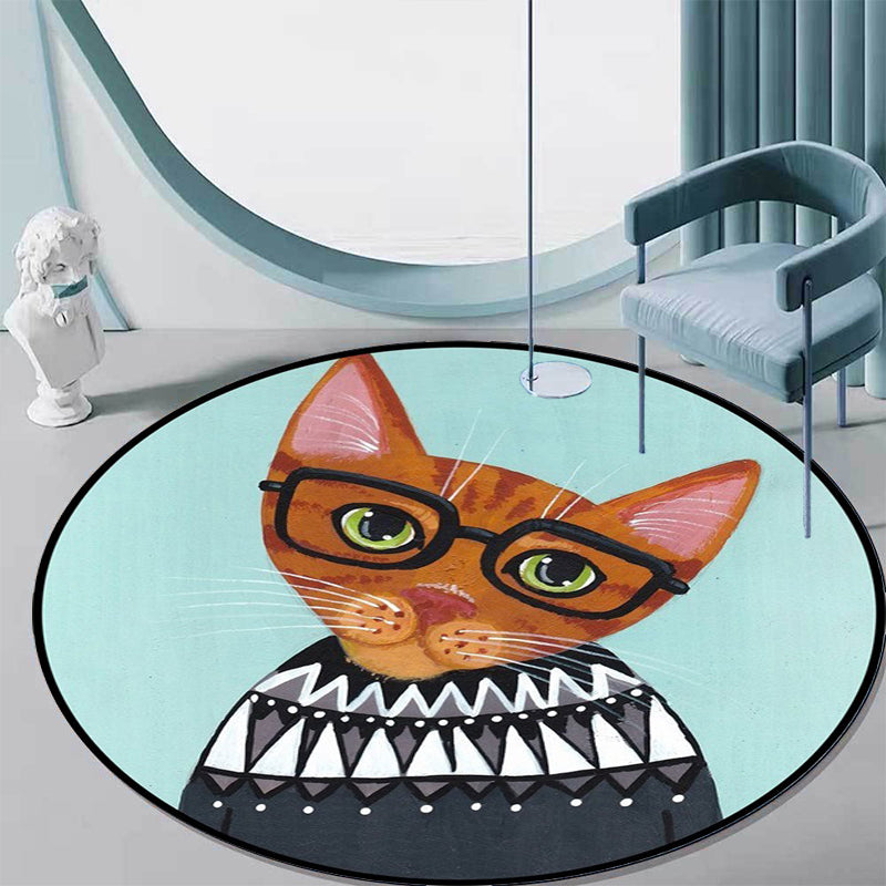 Skorter | Casual Kids Rug in Pink and Blue Animal Cat Pattern Rug Polyester Stain Resistant Non-Slip Rug for the Children's Room