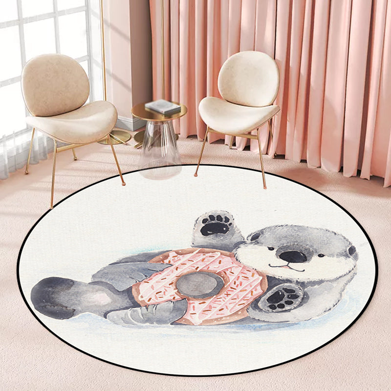 Skorter | Children's Room Rug in White Animal Fox Koala Alpaca Print Rug Polyester Pet Friendly Washable Area Rug