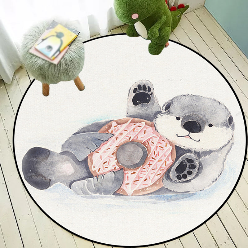 Skorter | Children's Room Rug in White Animal Fox Koala Alpaca Print Rug Polyester Pet Friendly Washable Area Rug