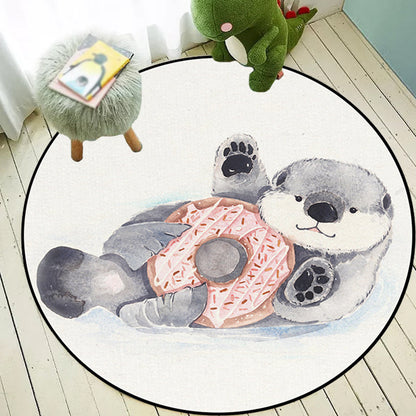 Skorter | Children's Room Rug in White Animal Fox Koala Alpaca Print Rug Polyester Pet Friendly Washable Area Rug