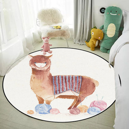 Skorter | Children's Room Rug in White Animal Fox Koala Alpaca Print Rug Polyester Pet Friendly Washable Area Rug