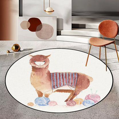Skorter | Children's Room Rug in White Animal Fox Koala Alpaca Print Rug Polyester Pet Friendly Washable Area Rug