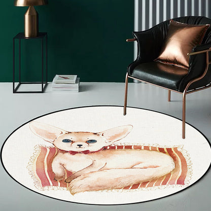 Skorter | Children's Room Rug in White Animal Fox Koala Alpaca Print Rug Polyester Pet Friendly Washable Area Rug