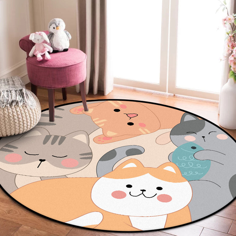 Skorter | Children's bedroom rug in yellow and brown with animal cat fish print rug polyester non-slip back washable rug