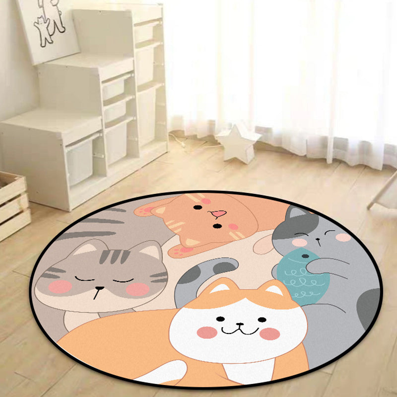 Skorter | Children's bedroom rug in yellow and brown with animal cat fish print rug polyester non-slip back washable rug