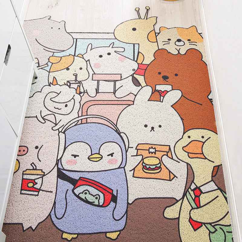 Skorter | Children Irregular Kids Room Rug in Yellow and Gray Animal Cat Rabbit Penguin Print Rug Polyester Non-slip Area Rug